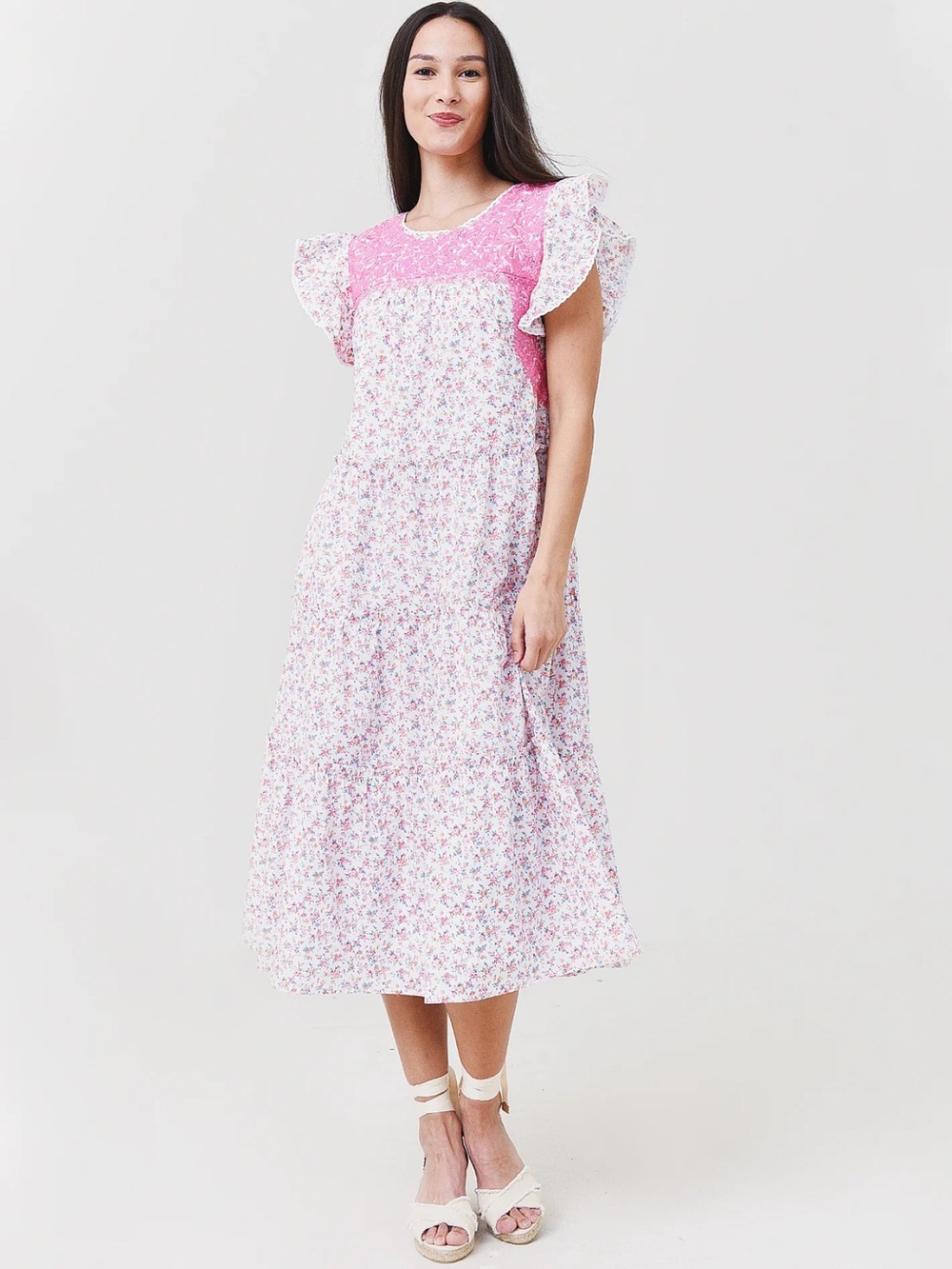 J. Marie Rosalee Midi Dress Embroidered Ruffle Pink Dainty Floral Size L Tiered